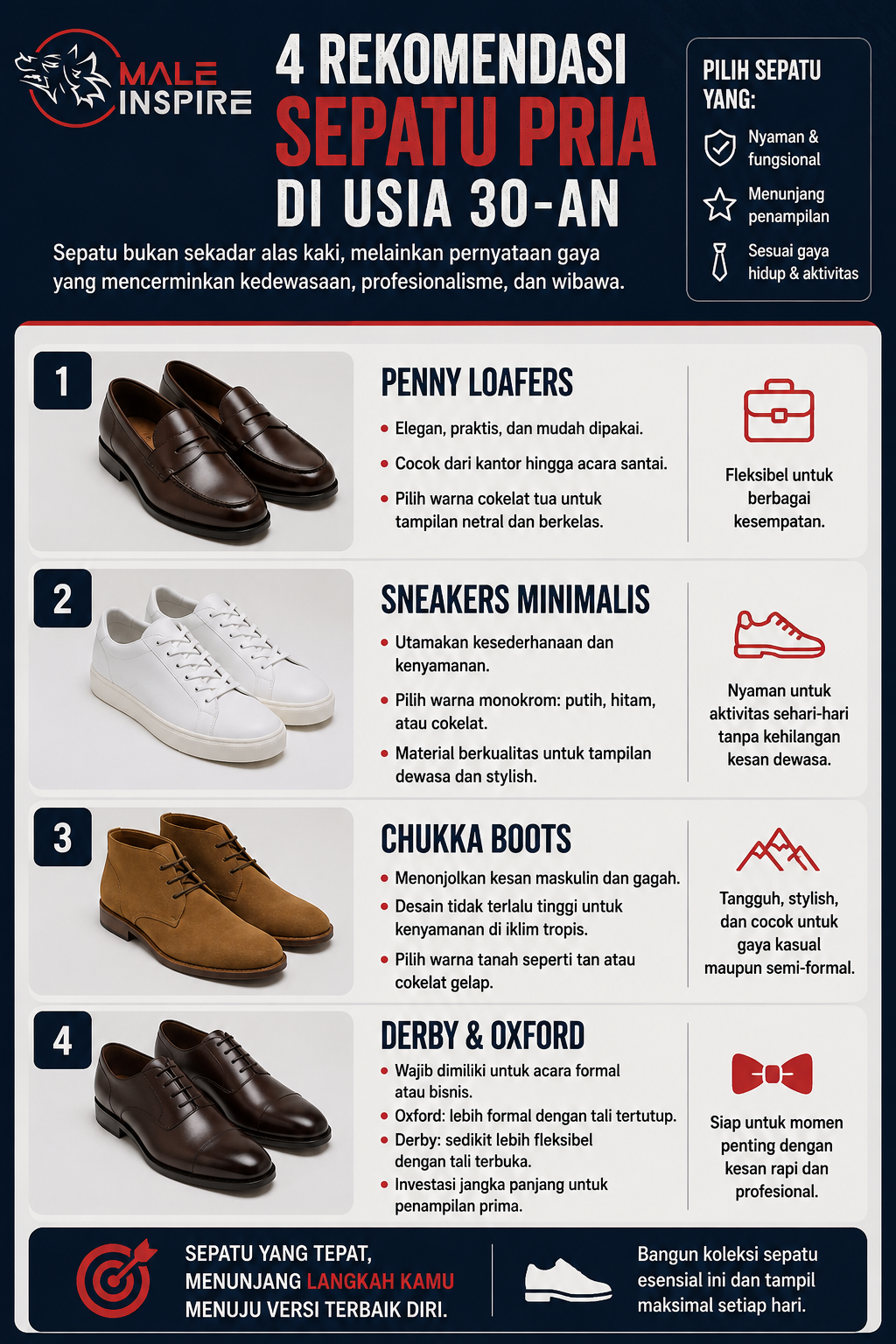 Infografis: Jenis Sepatu Pria Usia 30-an Agar Tampil Lebih Berwibawa